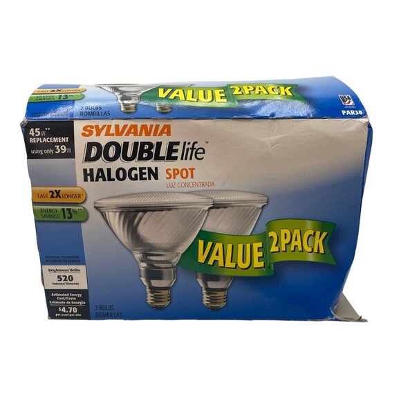 Sylvania Double Life Halogen Spot Light Bulb 2 Pack Open Box 45W Indoor Outdoor - Picture 1 of 11